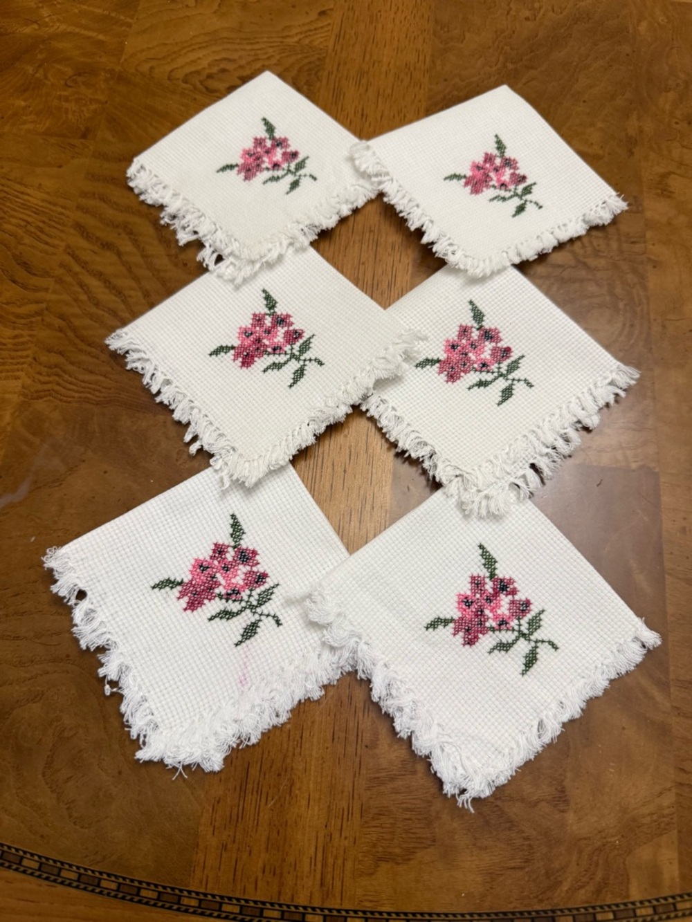 Handmade White Cross-Stitch Floral Cocktail napkins - Set of 6